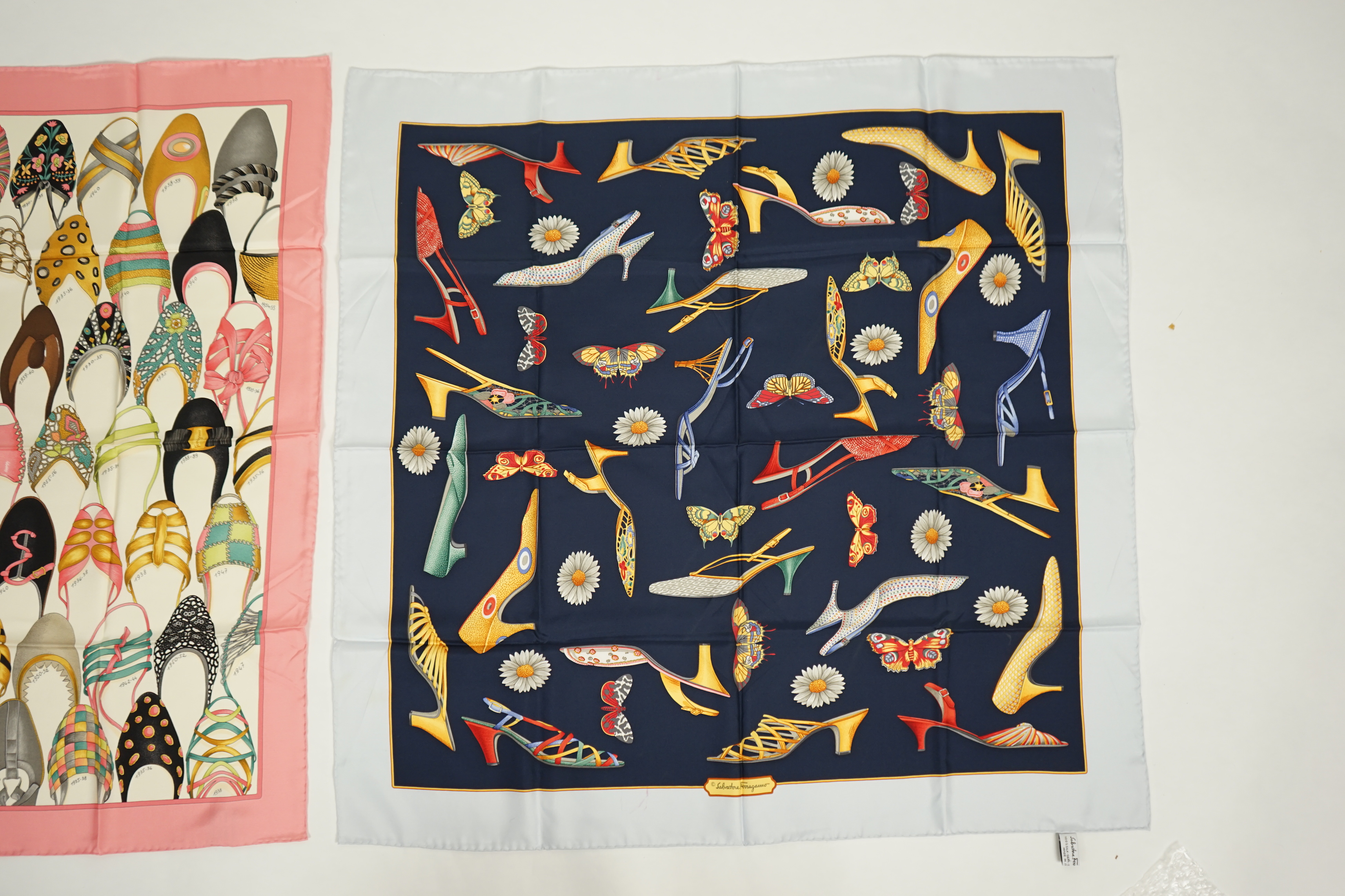Two Salvador Ferangano shoes, flowers and butterflies silk scarves, 85cm x 85cm